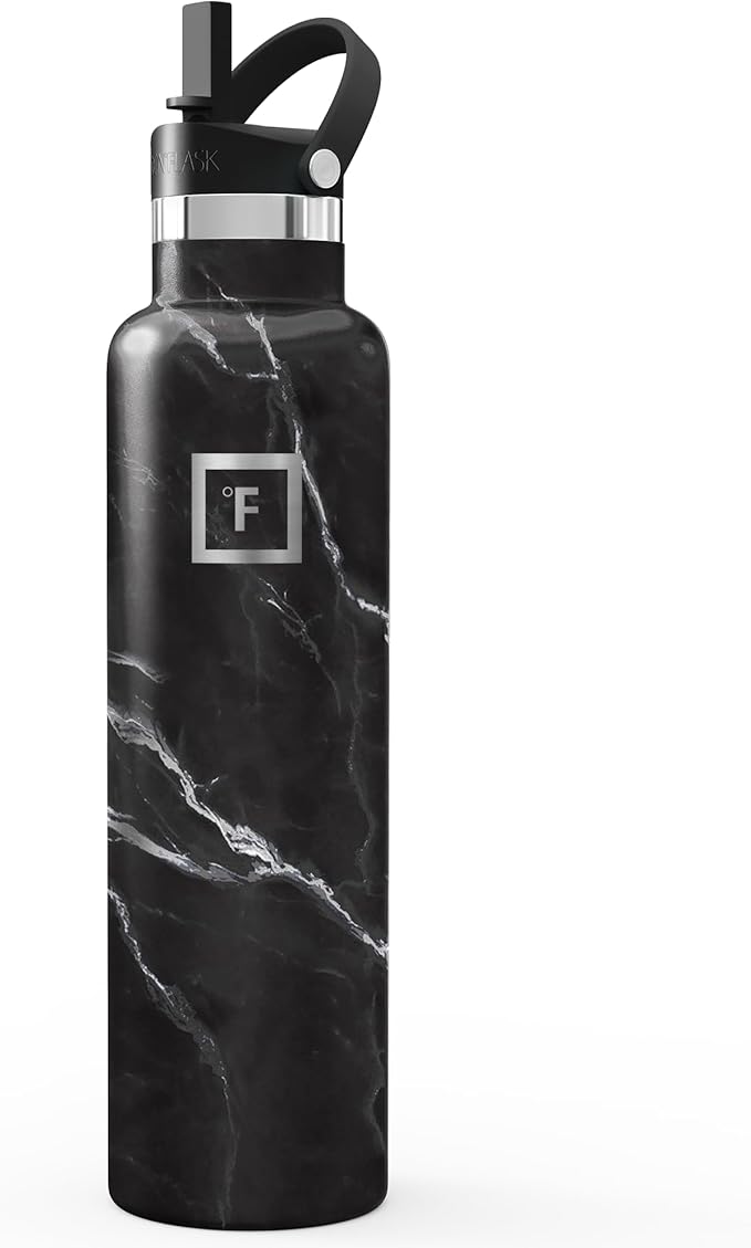 IRON °FLASK Camping & Hiking Hydration Flask with Straw, Narrow Mouth Insulated Stainless Steel Sports Water Bottle - Black Marquina 24 oz - Straw (1 Lid)