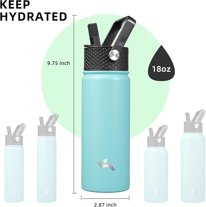 Konokyo Insulated Water Bottle with Straw,18oz 3 Lids Metal Bottles Stainless Steel Water Flask,Turquoise