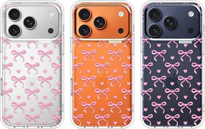 MOSNOVO for iPhone 17 Pro Case | Military Grade 6.6ft Drop Tested | Camera Control | Clear with Bowtiful Love Design