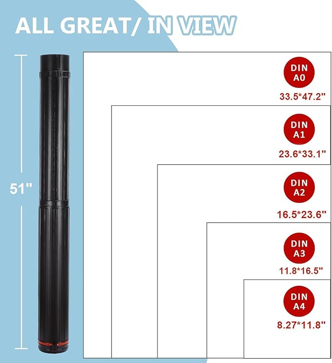 DEWEL Post Tube Expands from 30”to 51”, Waterproof Blueprint Holder Telescoping Art Tube, Large Plastic Black Fishing Rods Case Storage Tube, Light Resistant Drawing Tube with Strap (XL Size)