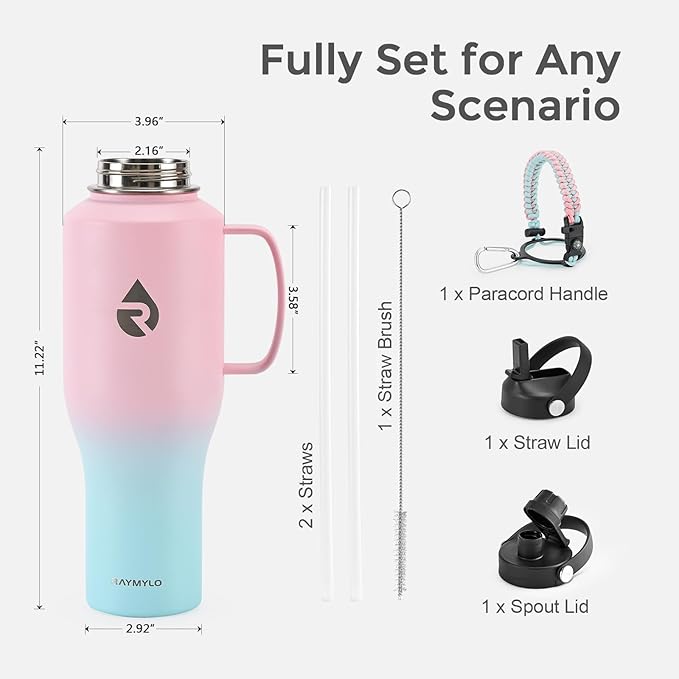 RAYMYLO Insulated Water Bottle 40oz (Cold for 48 Hrs), Stainless Steel Water Bottle with Handle & Straw Lid & Paracord Handle, Triple Wall Vacuum Leakproof Travel Flask, Fit in Any Car Cup Holder