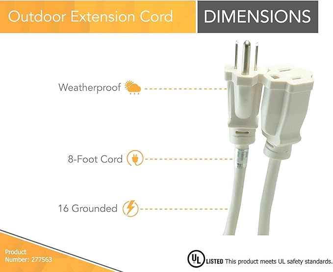 Woods 277563 Outdoor Extension Power Block; Weatherproof with Reinforced Blades; Heavy Duty Vinyl Jacket; Durable Cord; Tangle Free; 8-Foot; White
