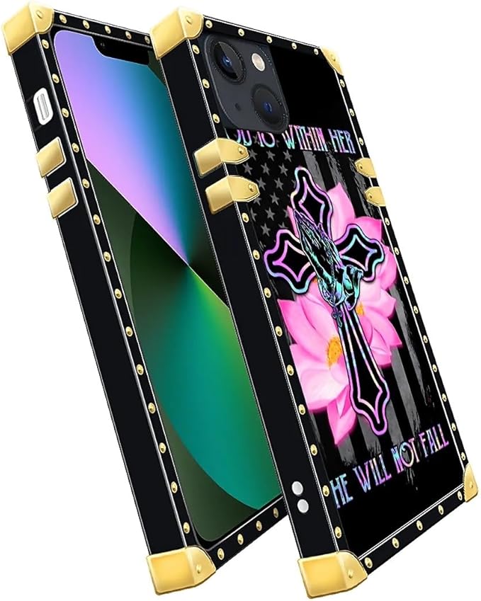 Compatible with iPhone 13 Case, Praying Cross Hands Luxury Golden Decoration for Girl Women Soft TPU Shockproof Protective Hard PC Back for iPhone 13