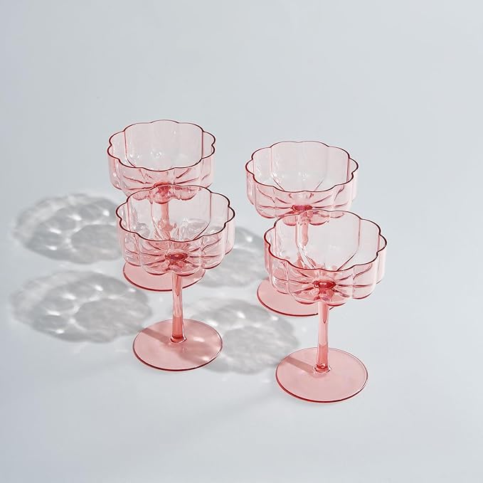 Khen Shatterproof Acrylic Flower Wavy Art Deco Martini, Champagne & Cocktail Blush Peach-Pink Plastic Tritan Coupe Glasses | Set of 4 | 8.5oz Classic Cocktail Indoor & Outdoor Set Gift