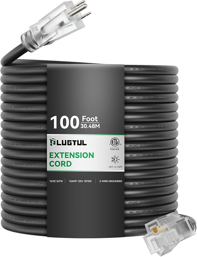PLUGTUL Outdoor Extension Cord 100FT, 12 Gauge Extension Cord with Lighted End, Heavy Duty,15A 1875W SJTW, ETL Listed, Great for Garden and Home, Black