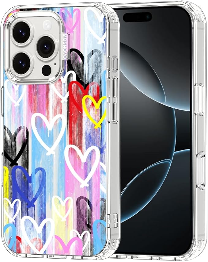 MOSNOVO for iPhone 16 Pro Case, Shockproof Military-Grade Protection 6.6ft Drop Tested, Clear Phone Case for iPhone 16 Pro, Graffiti Hearts Design