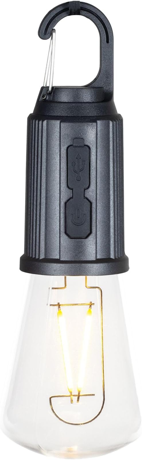 Rechargeable Camp Light, Warm White LED Conical Bulb, Battery Powered with USB-C, Shatterproof Globe on Carabiner, 3 Brightness Levels