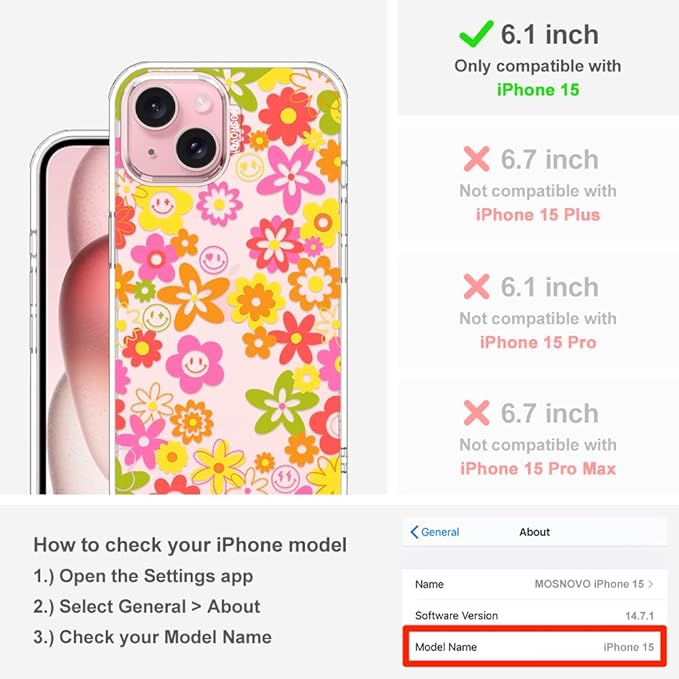 MOSNOVO Case for iPhone 15, [Buffertech 6.6ft Military-Grade Drop Protection] [Anti Peel Off Tech] Clear TPU Bumper Phone Case Cover Design - 70's Groovy Floral