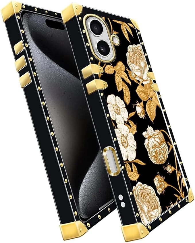 for iPhone 17 Case Luxury Golden Decoration for Girl Women Soft TPU Shockproof Protective Hard PC Back for iPhone 17 Crazy Pattern Blooming Rose Golden Flower