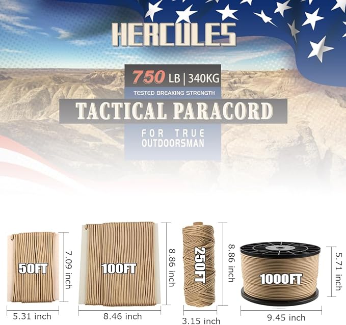 HERCULES 750lb Paracord 4mm 11 Strands Tactical Parachute Cord, 50' 100' 250' 1000' Utility Rope for Camping, Survival, Outdoor Gear (Desert Tan, 250FT)