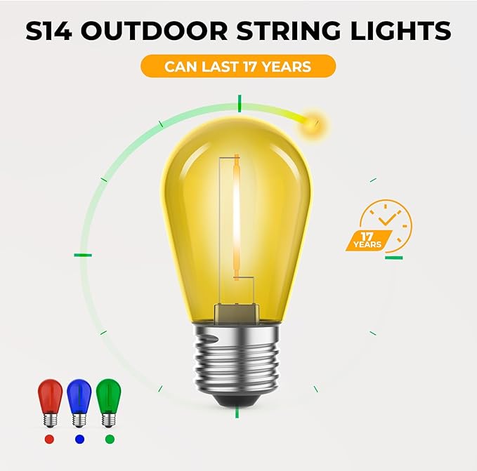 GvvooHome 15 Pack S14 Colored LED String Light Bulbs, 1W Plastic Shatterproof Replacement Bulbs for Outdoor Patio Backyard Lights, E26 Medium Base, Dimmable, Warm White 2200K, Red/Green
