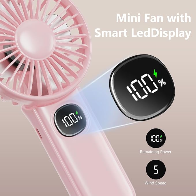 Portable Fan, 2-Pack Rechargeable Handheld Fans with 12H Battery, 5-Speed 180° Foldable USB Fan, Cooling Face Fan with Lanyard for Makeup & Travel, Camping, Hiking -Pink & Purple
