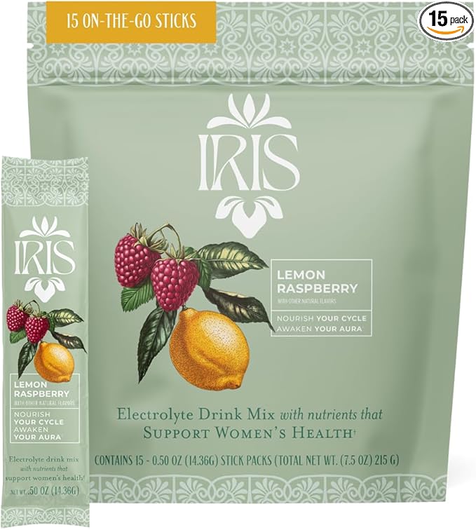 Iris Women’s Hormonal Health Daily Electrolyte Drink Mix | High Fiber, Essential B Vitamins for Mood Support | 40:1 Myo & D‑Chiro Inositol | Raspberry Lemon, 15 Hydration Powder Packets