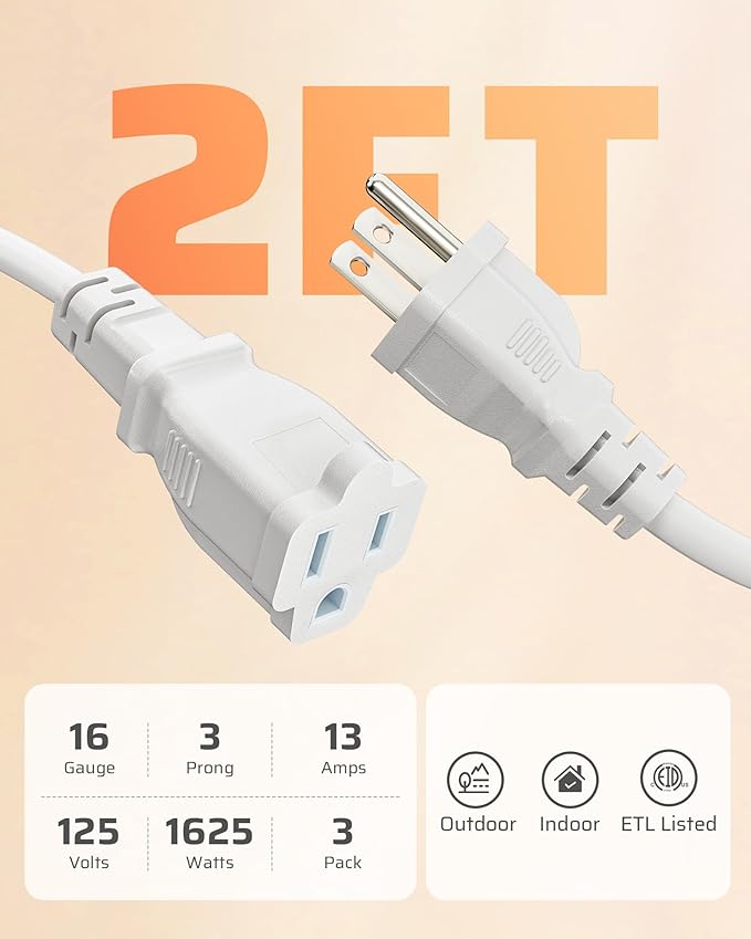 DEWENWILS 3-Pack 2FT Heavy Duty Extension Cord, 16 AWG SJTW Weatherproof Power Cable for Indoor, 3-Prong Grounded Plug for Holiday Decor/Home/Garden, ETL Listed, White