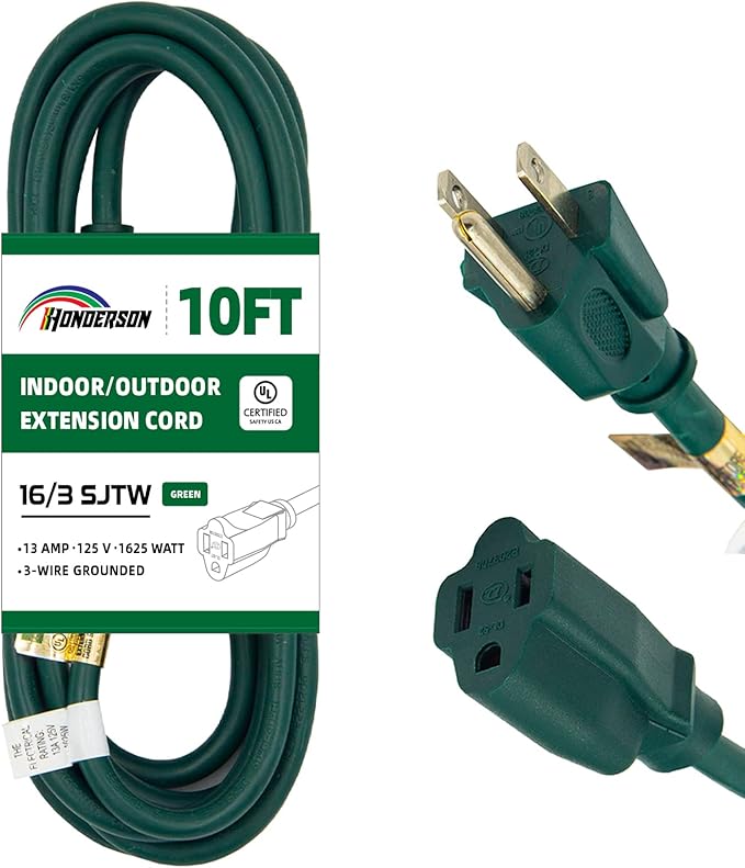 10FT Outdoor Extension Cord-16/3 SJTW Durable Green Extension Cord for Christmas Lights with 3 Prong Grounded Plug for Safety,Great for Outside Christmas Decorations