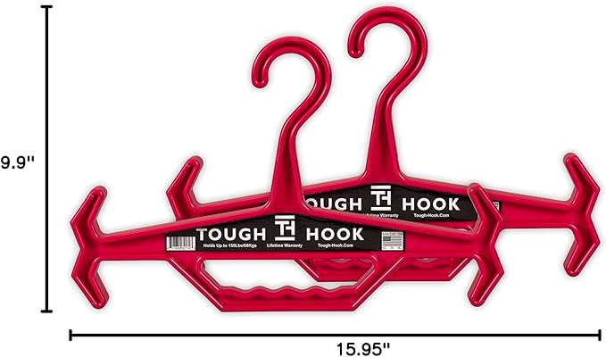 Tough Hook Original Heavy Duty Hangers – The Superhero of Hangers USA-Made, Anti-Slip ABS Resin Tactical Hanger for Police Gear, Scuba Gear & Dive BCD – DuraResin 200-lb Cap Wetsuit Hanger, 2 Red