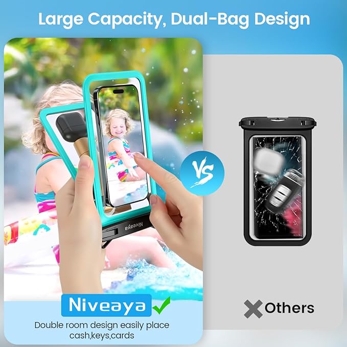 Niveaya Double Space Waterproof Phone Pouch, IPX8 Phone Case with Lanyard for iPhone 17 16 15 Pro Max, Galaxy S25 Ultra, Cellphone Dry Bag for Beach, Cruise Travel Ship Essentials 2 Pack (up to 8.3")