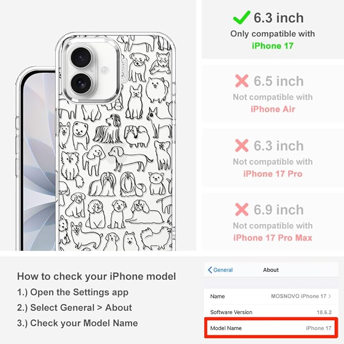 MOSNOVO for iPhone 17 Case | Military Grade 6.6ft Drop Tested | Camera Control | Clear with Doodle Dog Design