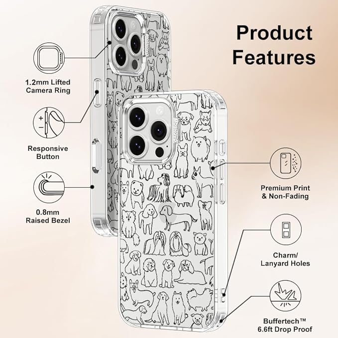 MOSNOVO Case for iPhone 16 Pro, [Buffertech 6.6ft Military-Grade Drop Protection] [Anti Peel Off Tech] Clear TPU Bumper Phone Case Cover Design - Doodle Dog