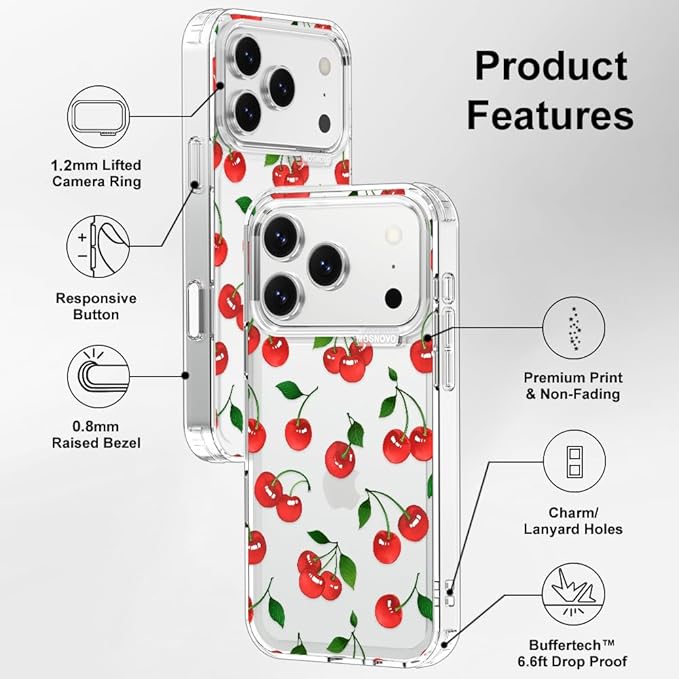 MOSNOVO for iPhone 17 Pro Case | Military Grade 6.6ft Drop Tested | Camera Control | Clear with Cute Cherry Design