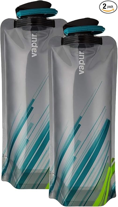 Vapur Collapsible Water Bottle With Carabiner, Compact Bottle Folds Flat For Hydration On The Go, Ideal for Traveling, Hiking or Camping, 34 Ounce, Grey & Teal, Pack of 2