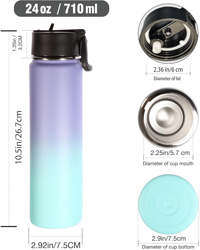 Volhoply 24oz Insulated Water Bottle With Straw Bulk 6 Pack,Metal Wide Mouth Water Bottles With Handle Keep Cold,Reusable Double Wall Cups,Powder Coated Sport Bottle For Holder(Purple Blue,6 Count)
