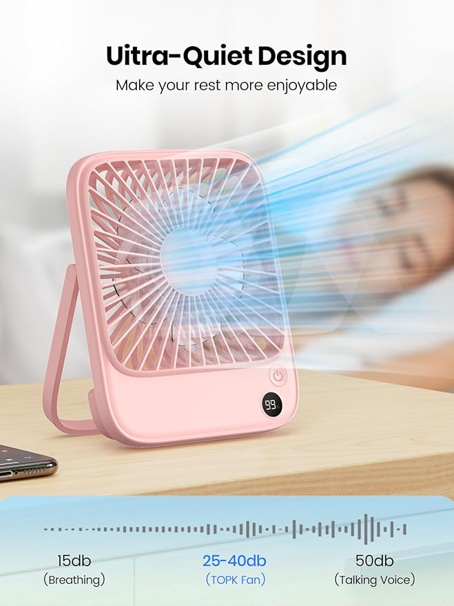 TOPK 2 Pack 5000mAh Portable Desk Fan, Ultra-Thin Rechargeable Battery Operated Fan with Digital Display, Quiet 4-Speed Small Personal Travel Fans for Office, Bedroom, Cruise, Outdoor