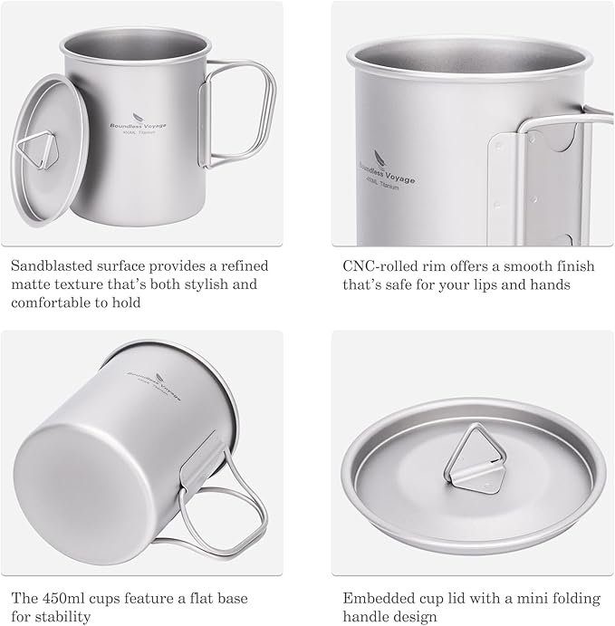 Boundless Voyage Titanium Camping Mug with Lid 300ml 450ml 750ml Lightweight Folding Handle Cup for Outdoor Backpacking Hiking Travel Durable Portable (450ml)