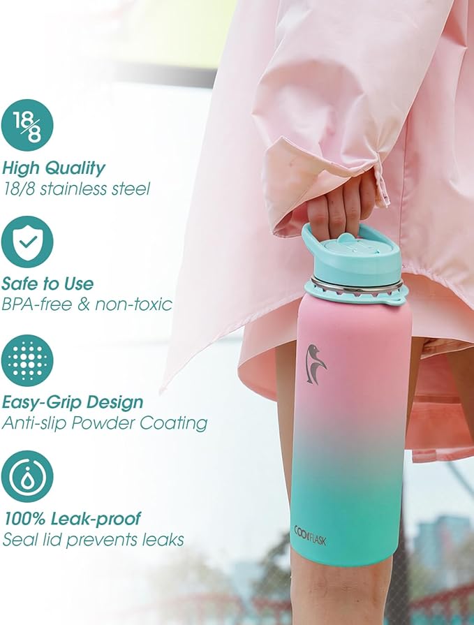 Coolflask Water Bottle with Straw, 40 oz Insulated Metal Water Flask with Straw & Spout Lids, Stainless Steel Double Wall Vacuum, Keep Cold 48h Hot 24h, Leak Proof, BPA-Free, Bubblegum Princess