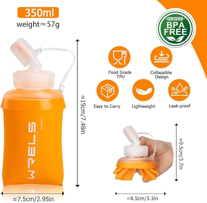 WRELS 350ml/500ml TPU Soft Water Bottles BPA Free Collapsible Soft Flask with Widen Mouth for Running Vest Lightweight Foldable Water Bottle for Running Marathon Trail Hiking