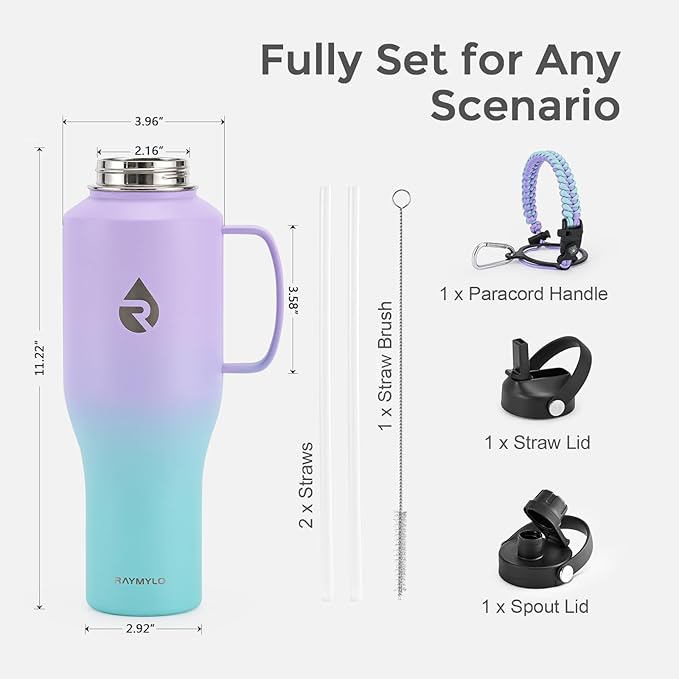 RAYMYLO Insulated Water Bottle 40oz (Cold for 48 Hrs), Stainless Steel Water Bottle with Handle & Straw Lid & Paracord Handle, Triple Wall Vacuum Leakproof Travel Flask, Fit in Any Car Cup Holder