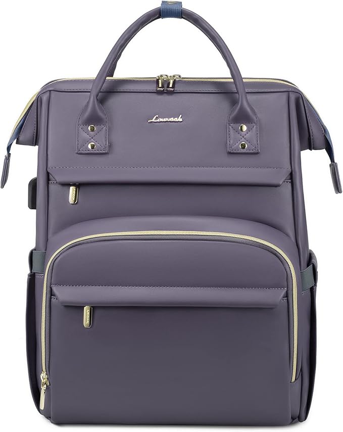 LOVEVOOK Leather Laptop Backpack for Women 17 inch,Travel Backpack Purse Nurse Teacher Backpack Computer Laptop Bag,Professional College Business Work Bags Carry On Backpack with USB Port,Grey Purple