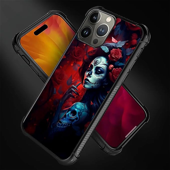for iPhone 16 Pro Max Case, Skull Lady Rose Pattern Graphic Design Girl Boy Soft Silicone Hard Acrylic Shock Protection for iPhone 16 Pro Max
