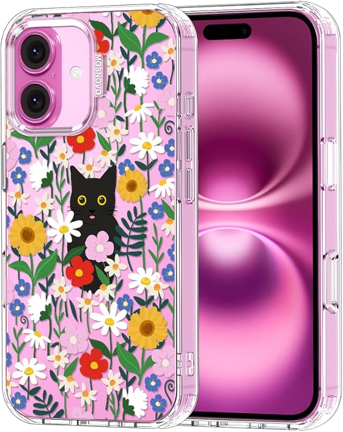 MOSNOVO Case for iPhone 16 Plus, [Buffertech 6.6ft Military-Grade Drop Protection] [Anti Peel Off Tech] Clear TPU Bumper Phone Case Cover Design - Black Cat in Garden