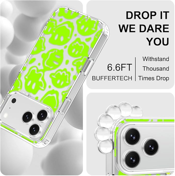 MOSNOVO for iPhone 17 Pro Max Case | Military Grade 6.6ft Drop Tested | Camera Control | Clear with Distorted Green Smiles Face Design