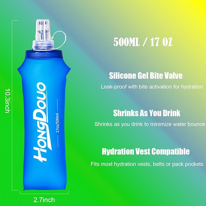 2PCS Running Vest Soft Flask, BPA-Free Soft Flasks 17oz/500ml TPU Collapsible Water Bottle for Hydration Backpack, Folding Running Water Bottles for Marathon Hiking Cycling Climbing