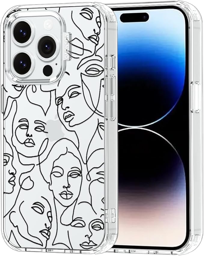 MOSNOVO Case for iPhone 14 Pro, [Buffertech 6.6ft Military-Grade Drop Protection] [Anti Peel Off Tech] Clear TPU Bumper Phone Case Cover Design - Abstract Face Line Art