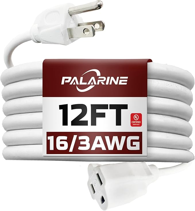 12ft White Outdoor Extension Cord Waterproof, UL Listed, 16/3 SJTW Heavy Duty 3 Prong, 16 Gauge 13A Power Cord Ideal for Indoor Outdoor Lights, Appliances, and Lawn