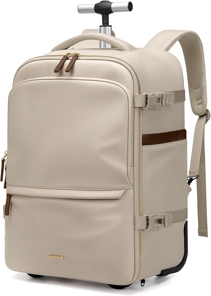 GOLF SUPAGS Rolling Backpack for Women 17 Inch Convertible Travel Laptop Backpack with Wheels, 32L Carry On Business Luggage Daypack Water-Resistant Rolling Bag for Work Short Trips (Apricot)