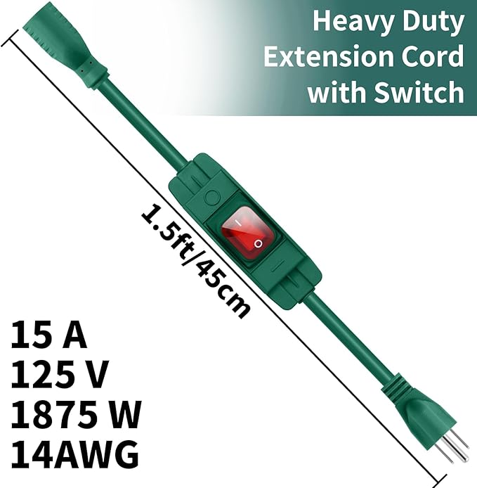 SJTW Outdoor Extension Cord with Waterproof Switch - 1.5 Ft, Green, 125v/250v