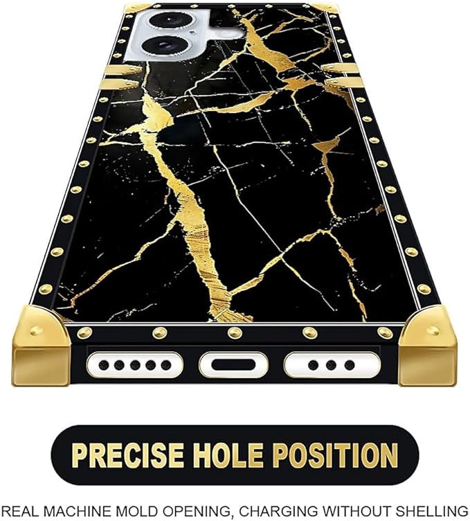 Compatible with iPhone 16 Case, Black Gold Marble Nature Luxury Golden Decoration for Girl Women Soft TPU Shockproof Protective Hard PC Back