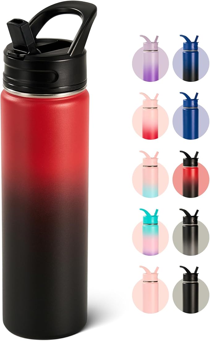 Fijinhom 24oz Insulated Stainless Steel Water Bottle with Straws, Double Wall Vacuum Insulated Bottles, Metal Thermo for Travel, Sports, Leak-Proof, BPA Free, Women & Men, Red Gradient