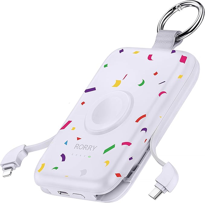 RORRY Portable Charger, 10000mAh PD 20W Fast Charging Portable Charger Power Bank with Built in Cables, Travel Battery Pack for iPhone and Apple Watch Ultra/11/10/9/8/7/6/5, Confetti-Purple
