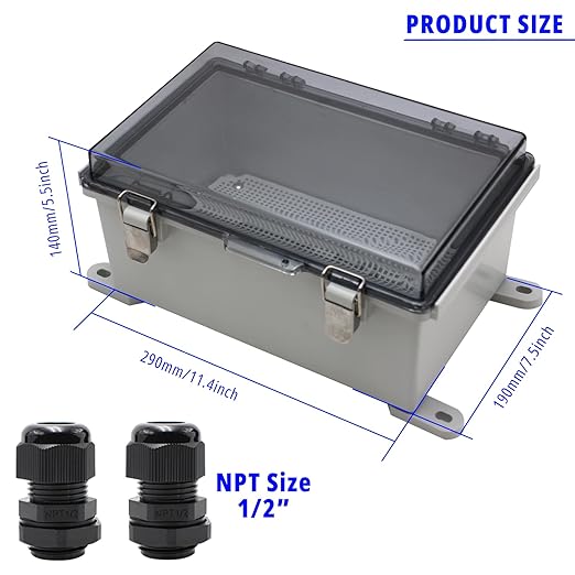 MAKERELE Waterproof Junction Box with Clear Cover,IP67 Waterproof Dustproof Universal Project Boxes for Electronics 11.4×7.5×5.5 inch（290×190×140mm）