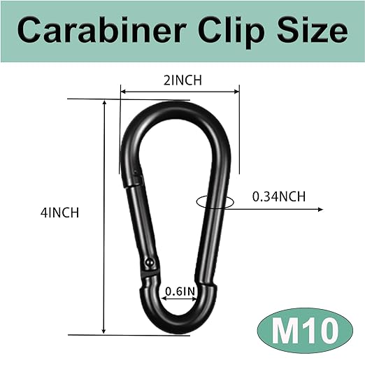 Black Carabiner, Heavy Duty Galvanized Steel Spring Snap Hook Carabiner Clips with 1350LBS Holding Capacity, Ideal for Outdoor, Hammock, Swing and Travel (20PCS M10 3.9Inch)