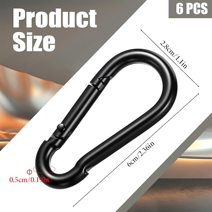 6 Pack Black Carabiner Clip, 2.36 Inch Heavy Duty Carabiner Clip Spring Snap Hook, Iron Heavy Duty Caribeaners for Key, Small Caribeener Clips for Outdoor Camping, Swing Set, Hammock, Hiking Travel
