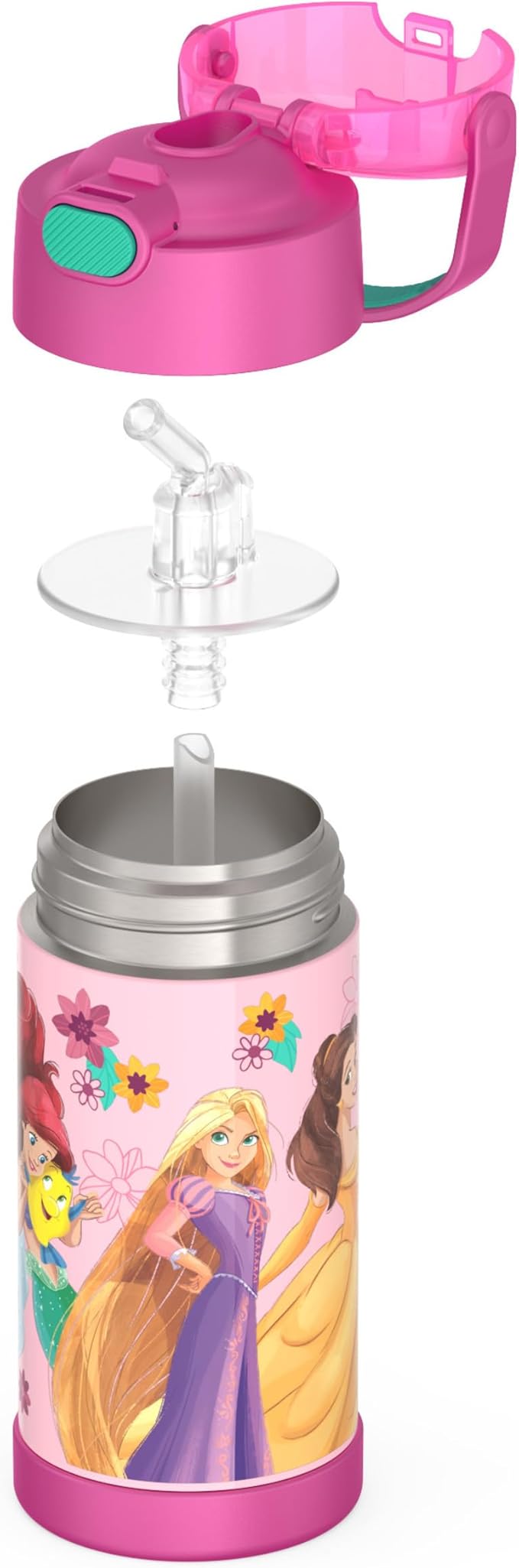 THERMOS FUNTAINER Water Bottle with Straw - 12 Ounce - Kids Stainless Steel Vacuum Insulated Water Bottle with Lid, Princesses