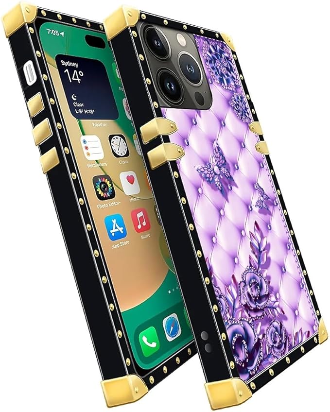 Compatible with iPhone 14 Pro Case, Purple Butterfly Flowers Leaf Luxury Golden Decoration for Girl Women Soft TPU Shockproof Protective Hard PC Back for iPhone 14 Pro