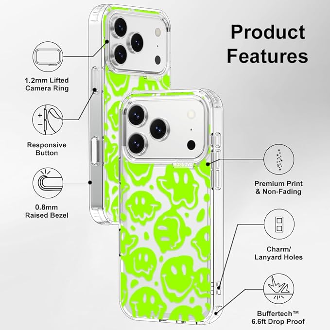 MOSNOVO for iPhone 17 Pro Case | Military Grade 6.6ft Drop Tested | Camera Control | Clear with Distorted Green Smiles Face Design