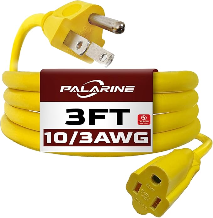 3ft Yellow Extension Cord Waterproof, UL Listed, 10/3 SJTW Heavy Duty 3 Prong, 10 Gauge 15A Power Cord Ideal for Lights, Appliances, and Lawn